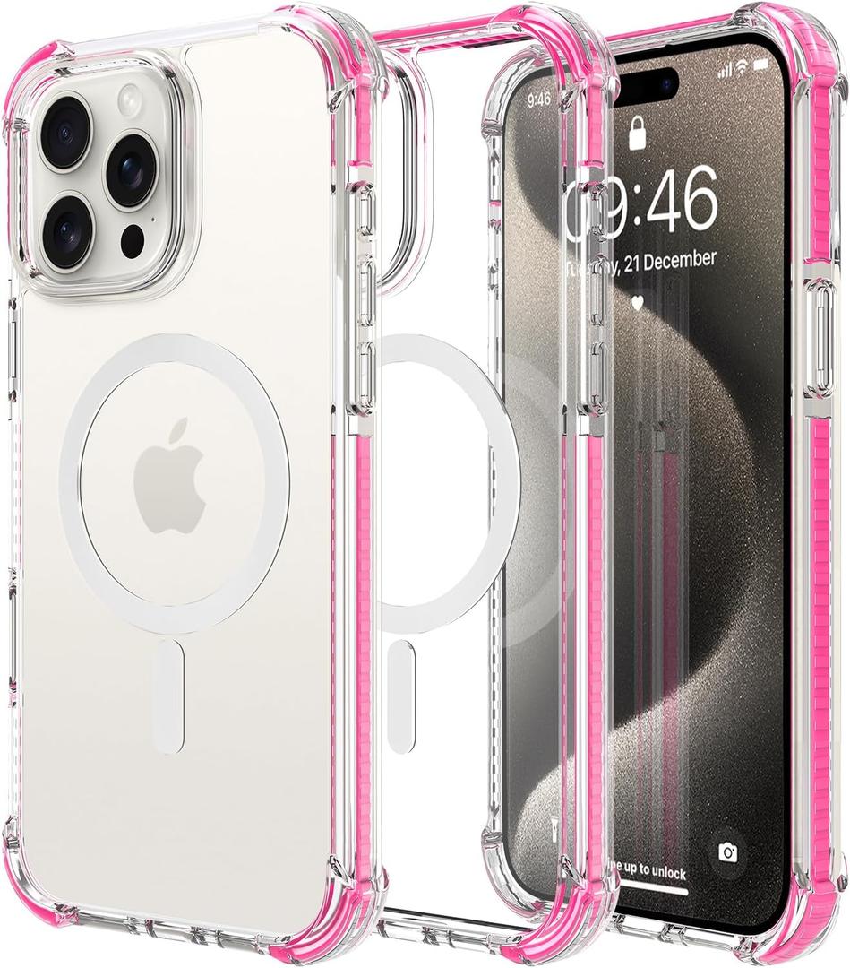 OOK Case for iPhone 15 Pro, Magnetic Hot Pink Clear Case [Compatible with MagSafe] Slim Anti-Scratch Shockproof Protective TPU Bumper Acrylic Cover for 6.1 inch