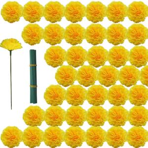 Artificial Marigold Flowers, 60Pcs Marigold Faux Flowers, Fake Marigolds Silk Flowers for Day of The Dead, Diwali, Dia De Los Muertos Decoration, Indian Wedding (Yellow, 60Pcs)