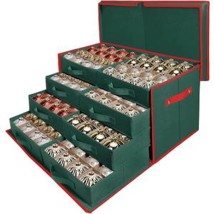 WDZREE Premium Large Christmas Ornament Storage,Box with Side Open, Drawer Style Trays -3" Compartment, 8 Trays, Keeps 128 Holiday Ornaments -Made of Durable 600D Oxford Fabric Tear-Proof Material (Green)