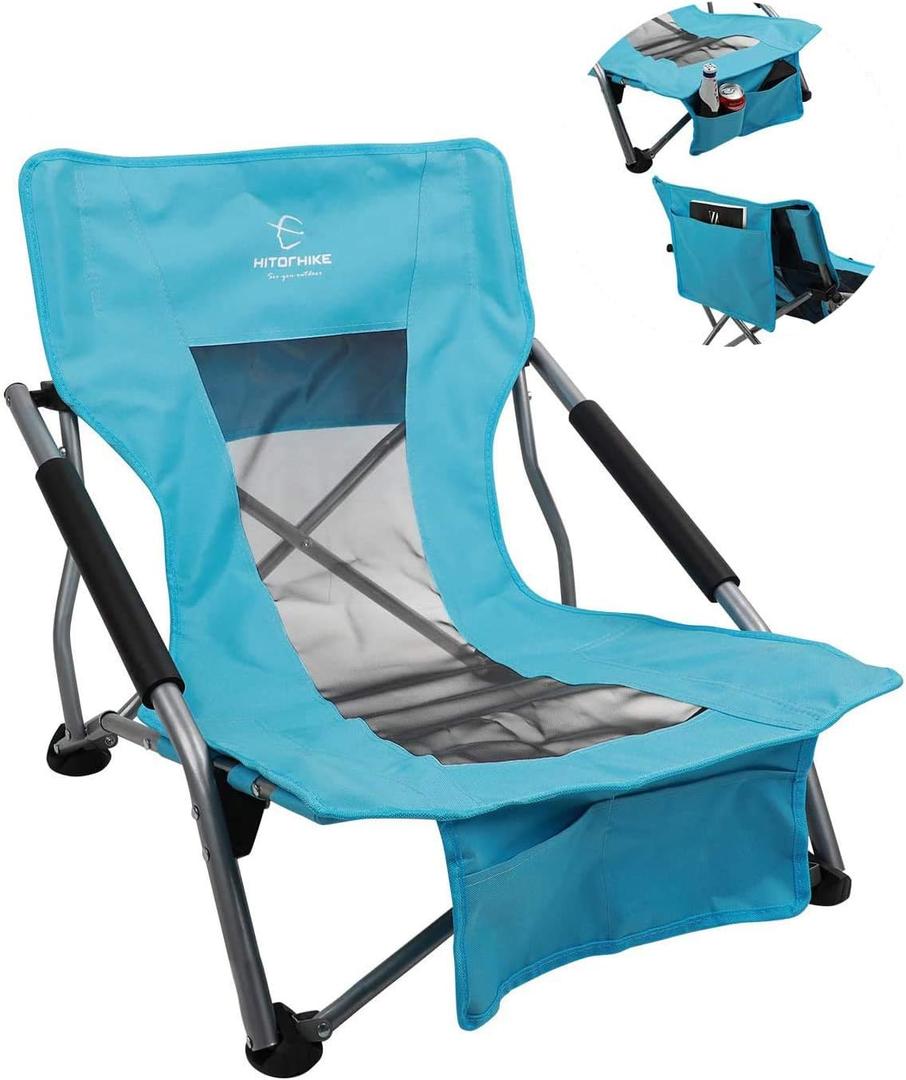 HITORHIKE Low Sling Beach Camping Concert Folding Chair with Armrests and Breathable Nylon Mesh Back Compact and Sturdy Chair (Blue)