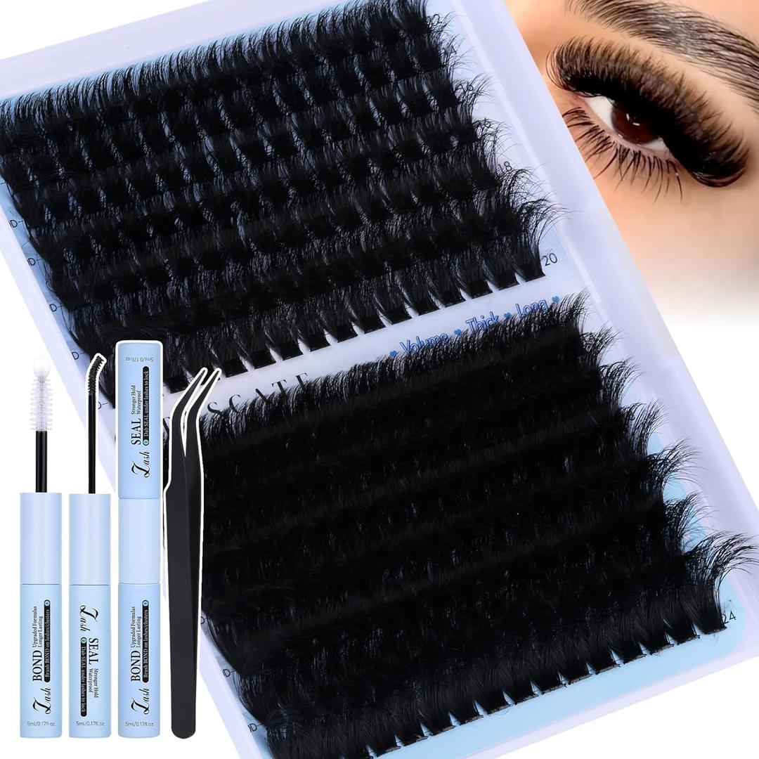 CORUSCATE Lash Clusters Kit 160D+260D Eyelash Clusters 12-24mm Long Lash Extension Kit thick Cluster Eyelash Extensions Volume Strip Mink Lashes Individual Dramatic Lash Kit with Lash Bond and Seal