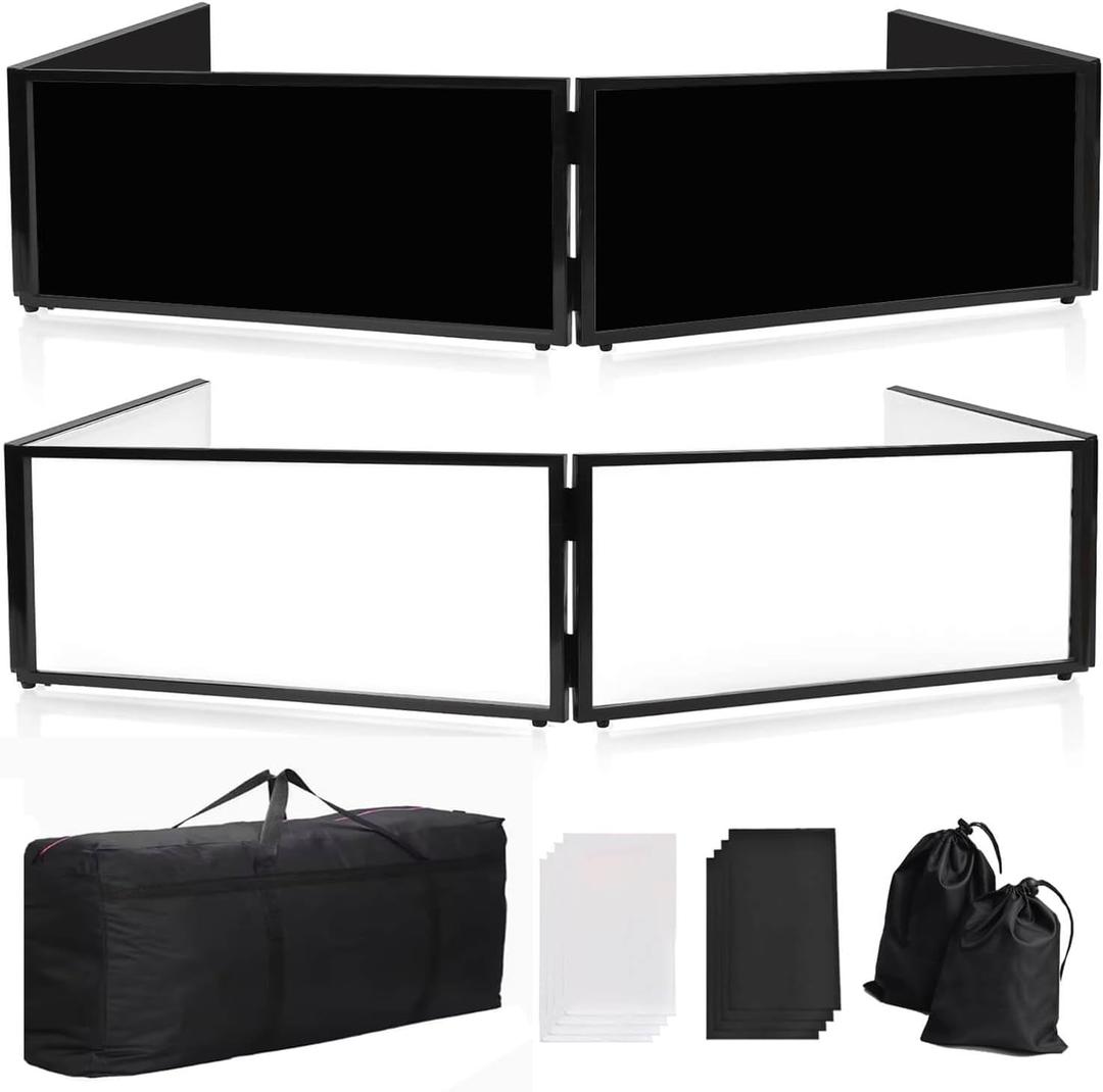 DJ Booth Facade  67" x 19.7" x 16" Portable DJ Event Booth with Black & White Scrims, with Foldable Panels & Travel Bag, Adjustable for Custom Setup, Ideal for Weddings & Shows