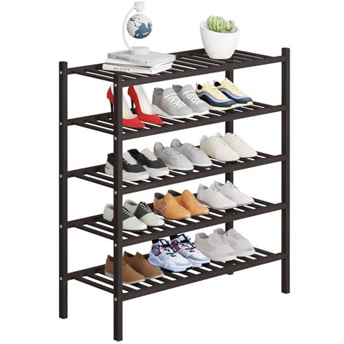Buymoth 5 Tier Bamboo Shoe Rack Storage Organizer for Closet, Multifunctional Stackable Free Standing Shoe Shelf Organizer for Small Space,Entryway, Hallway, Bathroom27 x11 x32 (Brown, 5 Tier)