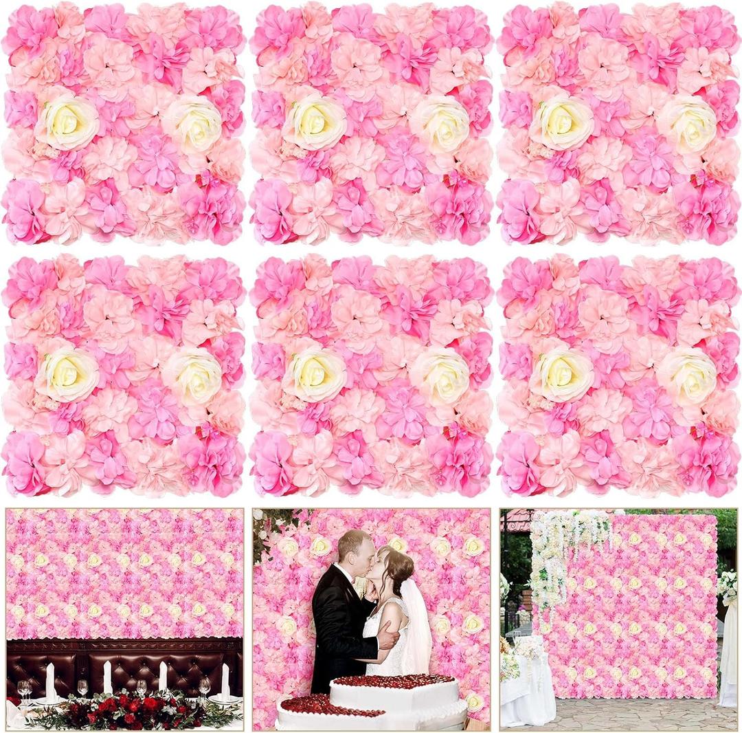 Tigeen 6 Pcs Flower Wall Panels 3D Silk Rose Floral Decorative Faux Flower Wall Background for Wedding Home Decoration Background Shop Party Photo Arrangement(Pink, White, 15 x 15 Inch)