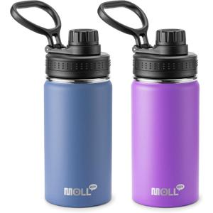 Kids Water Bottle 2 Pack 12 oz Stainless Steel Vacuum Insulated Water Bottle Wide Mouth Sports Flask with Leakproof Spout Lid (Royal Blue-Purple)
