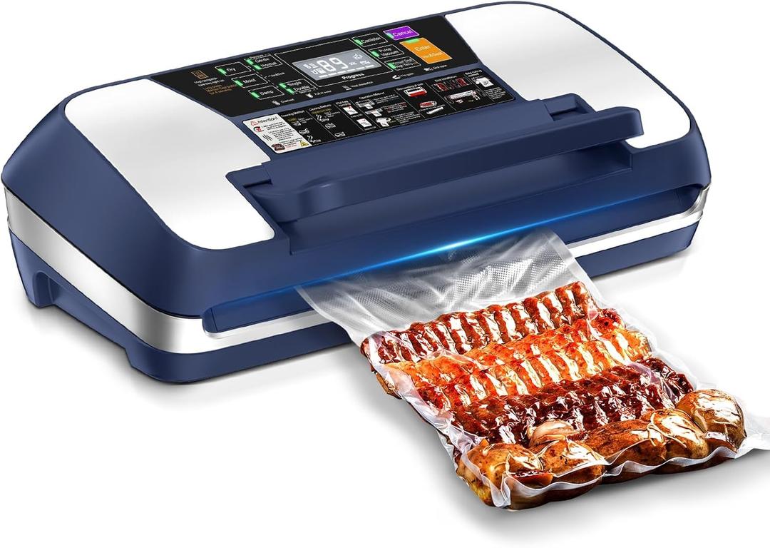 95kpa Vacuum Sealer Machine, Commercial Full Automatic Food Sealer, Vacuum Sealer for Food with Cutter, 10 Pre-cut Bags & Bag Rolls and Accessory Hose, Fully Starter Kits, Blue
