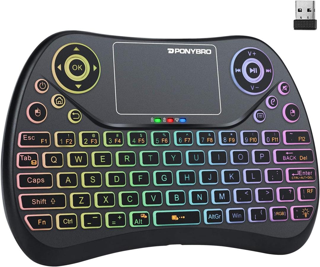 PONYBRO Mini Wireless Keyboard with Touchpad Mouse, 2.4GHz Portable Handheld Keyboard with QWERTY Keypad, RGB Backlit, Rechargeable Battery for Android TV Box/ Mac/ PC/ Nvidia Shield