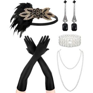 Zinniday Vintage 1920s Accessories for Women, 5 Pcs 20s Flapper Accessories Roaring 20s Theme Set for Evening Cocktail Prom (Black)