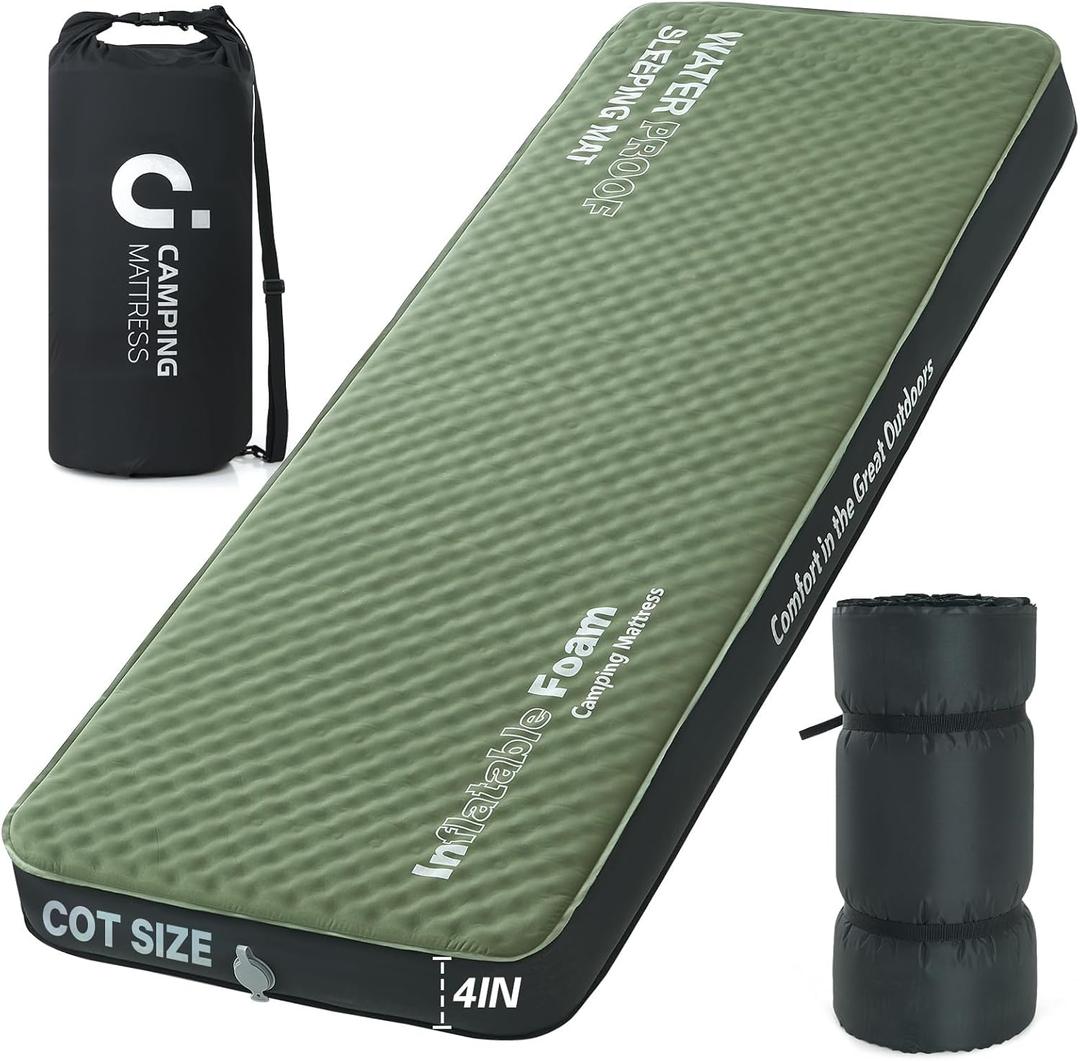 Self Inflating Sleeping Pad, Cot 4in Ultra-Thick Foam Camping Cot Mattress with Air Pump Sack, Sleeping Mat for Adults Inflatable Camping Pad Mattress, Cot Bed, Travel, Car, Tent,75*30*4 Army Green