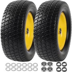 AR-PRO (2 Pack) 15 x 6.00-6 Tire and Wheel Flat Free, Front Lawn Mower Tires with Rim, 3" Centered Hub with 3/4" & 5/8" Bearings and 1" bushings, Compatible with John Deere Riding Mower, Lawn Tractor (Yellow)