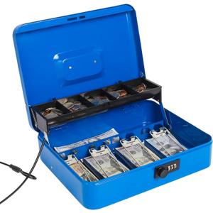 Jssmst Large Locking Cash Box with Money Tray, Metal Money Box with Combination Lock, Code Lock Box Blue Money Safe, SM-CB02305XL