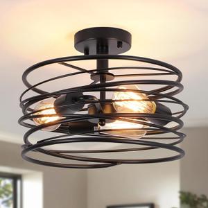 Chanlited Black 3Light Rustic Drum Semi Flush Ceiling Light Fixture, Retro Farmhouse Chandeliers Metal Cage for Dining Room, Industrial Pendant Light Fixture for Entryway Kitchen Foyer Bedroom