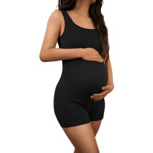 AIBIANOCEL Women's Maternity Bodysuit Pregnancy Shapewear Sleeveless Tank Top Shorts Ribbed Romper Jumpsuit (S, Black)