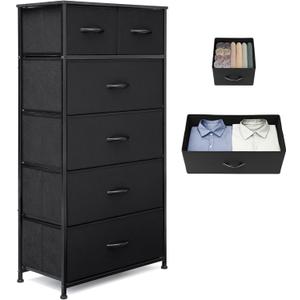 Fabric Dresser for Bedroom, Tall Skinny Dresser with 6 Drawers, Storage Organizer Tower, Steel Frame Wooden Top for Closet, Living Room, Hallway, Nursery(Black)