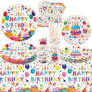 Happy Birthday Party Supplies - Colorful Polka Dots Party Tableware - Dinner Plates Desserts Plates Cups Napkins Tablecover Straws for Rainbow Dots Kids Baby Shower Supplies, Serves 20