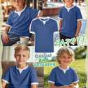 LessonZoo Boys Shirts Short Sleeve Color Block T-Shirts Baseball Kids Casual Geometric Tees Summer Fashion Crew Neck Tops(Denim Blue&White,7-8 Years)
