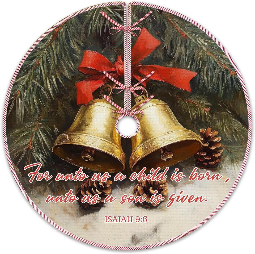 Vintage Winter Christian Christmas Bells Tree Skirt, Farmhouse Winter Bible Verse Tree Skirt, Religious Xmas Tree Mat Ornaments for Winter New Year Home Party Holiday Indoor Decor, 36 Inch (Born)