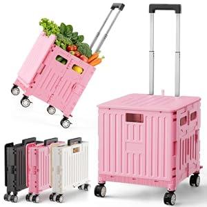 SUNALLY Folding Utility Cart Portable Rolling Crate Handcart Shopping Trolley with Lockable Wheels, Lid, Collapsible Tool Box for Grocery, Travel, Garden, Shop, Office, Luggage, Teacher, Pink