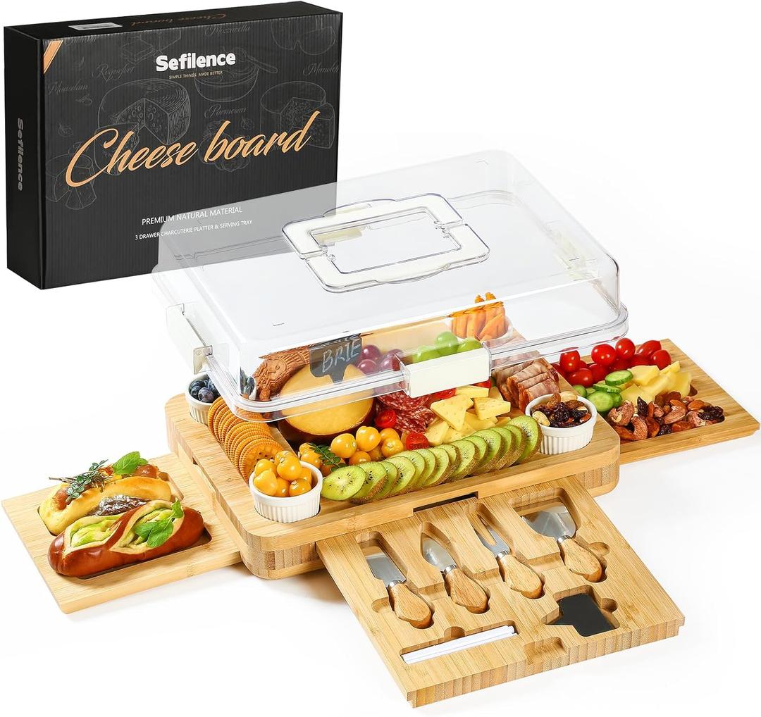 Charcuterie Board with Drawer, Bamboo Cheese Board Set with Locking Lid & Utensils, Portable Serving Tray, Unique Housewarming Gifts, Wedding Gifts for Couples, Birthday Gifts for Women (10.8" x 14.8" x 2", 3 Drawers White)