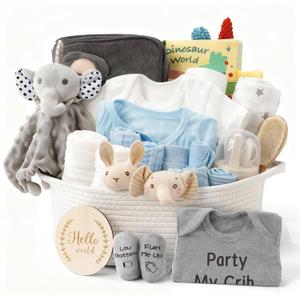 28 Piece Baby Shower Gifts for Boys, Baby Essentials for Newborn, Large Baby Boy Gift Basket, Gender Reveal Gifts, Baby Registry Search, Diaper Caddy Organizer (Blue)