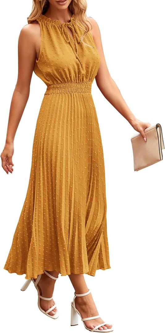 PRETTYGARDEN Women's Midi Summer Dresses Casual V Neck Swiss Dot Ruffle Sleeveless A Line Beach Sun Dress (Medium, Turmeric)