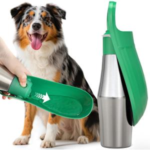 Stainless Steel Dog Water Bottle - 27 oz Portable Travel Dog Bottle & Bowl, Leak Proof Stainless Steel Metal Pet Water Bowl Dispenser for Camping, Hiking, Traveling, Walking (27oz, Green)