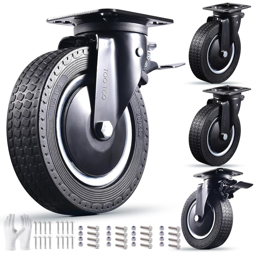 Heavy Duty 8 Inch Caster Wheels Set of 4 Industrial Swivel Locking Casters with Brake 3200 Lbs Load Capacity Rubber Wheels for Cart, Furniture, Workbench Outdoor Black Castors, Includes Bolts & Screws