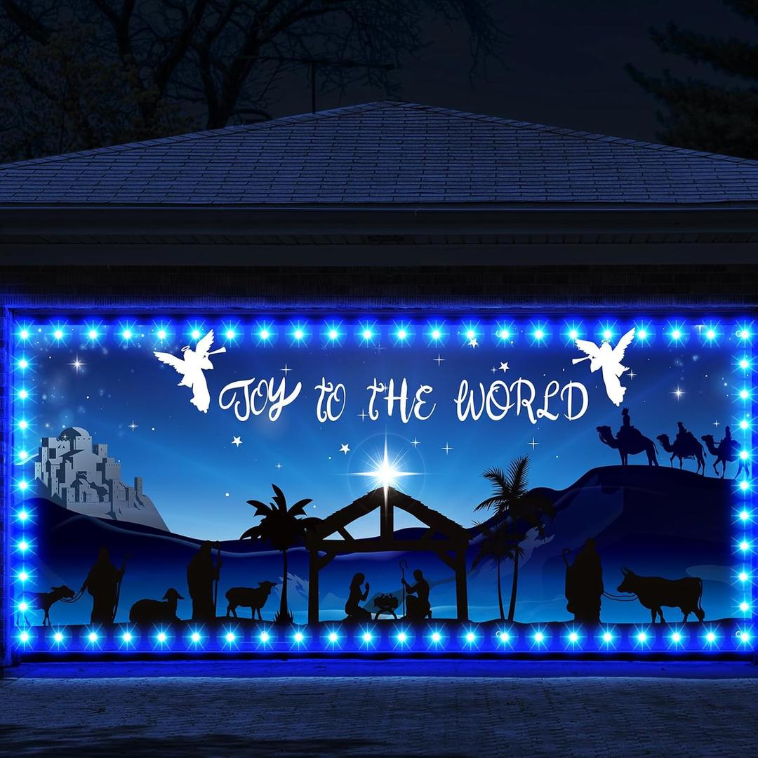 Ganeen 6.4x16 ft LED 2026 Christmas Garage Door Banner String Light Large Rustic Xmas Garage Door Decorations Xmas Banner Cover Backdrop Holiday Cover Decoration(Nativity)