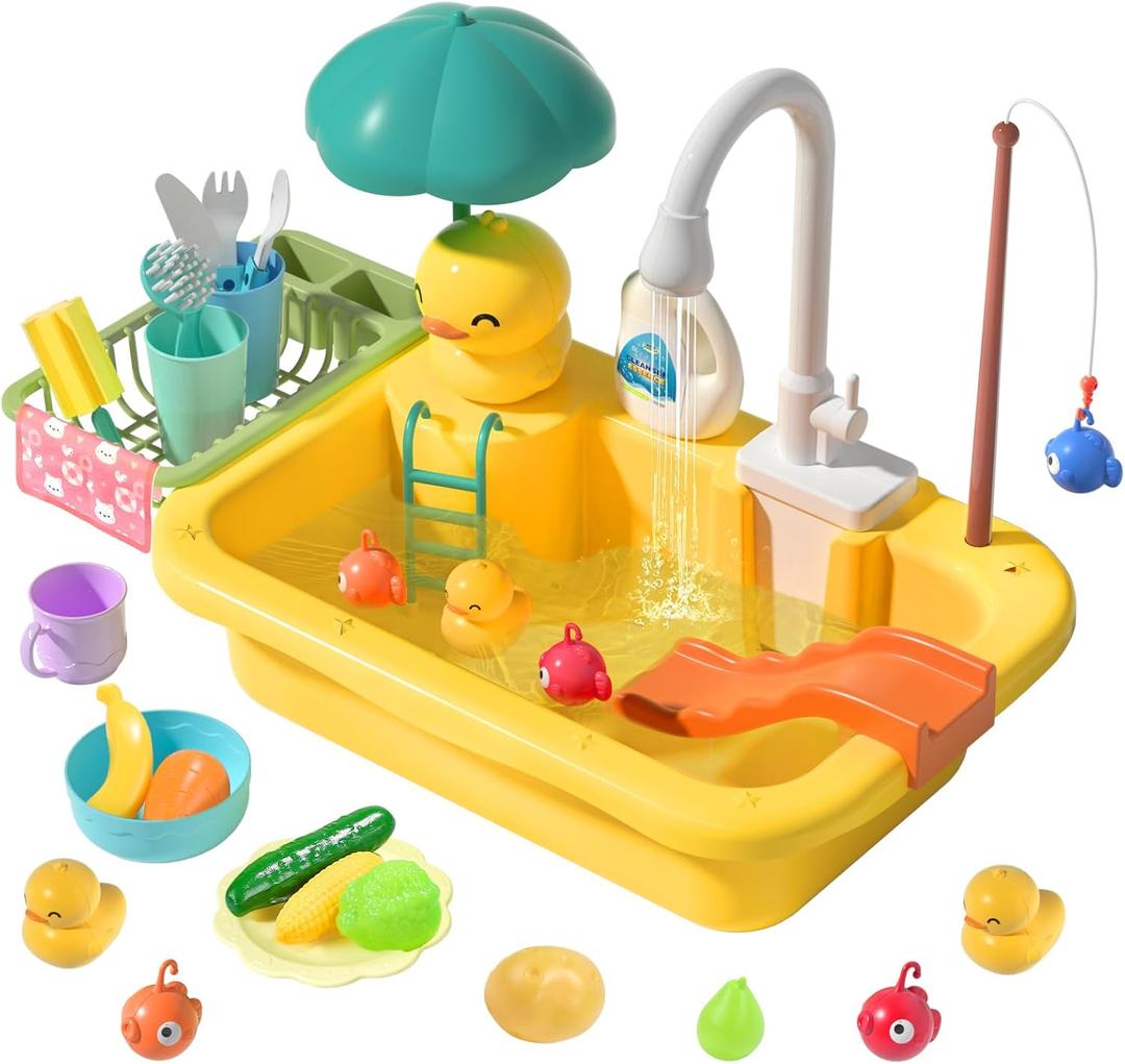 CUTE STONE Play Sink with Running Water, Kitchen Sink Toys with Play Food and Kitchen Utensils, Pool Floating Toys for Fishing Game, Children Role Play Electric Dishwasher Toy Gift for Boys Girls (Yellow)