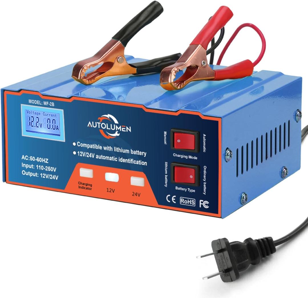 Car Battery Charger 12V 24V, Heavy Duty 6AH~105AH - 12 Volt Battery Charger with Auto/Manual Modes for Motorcycle, Marine