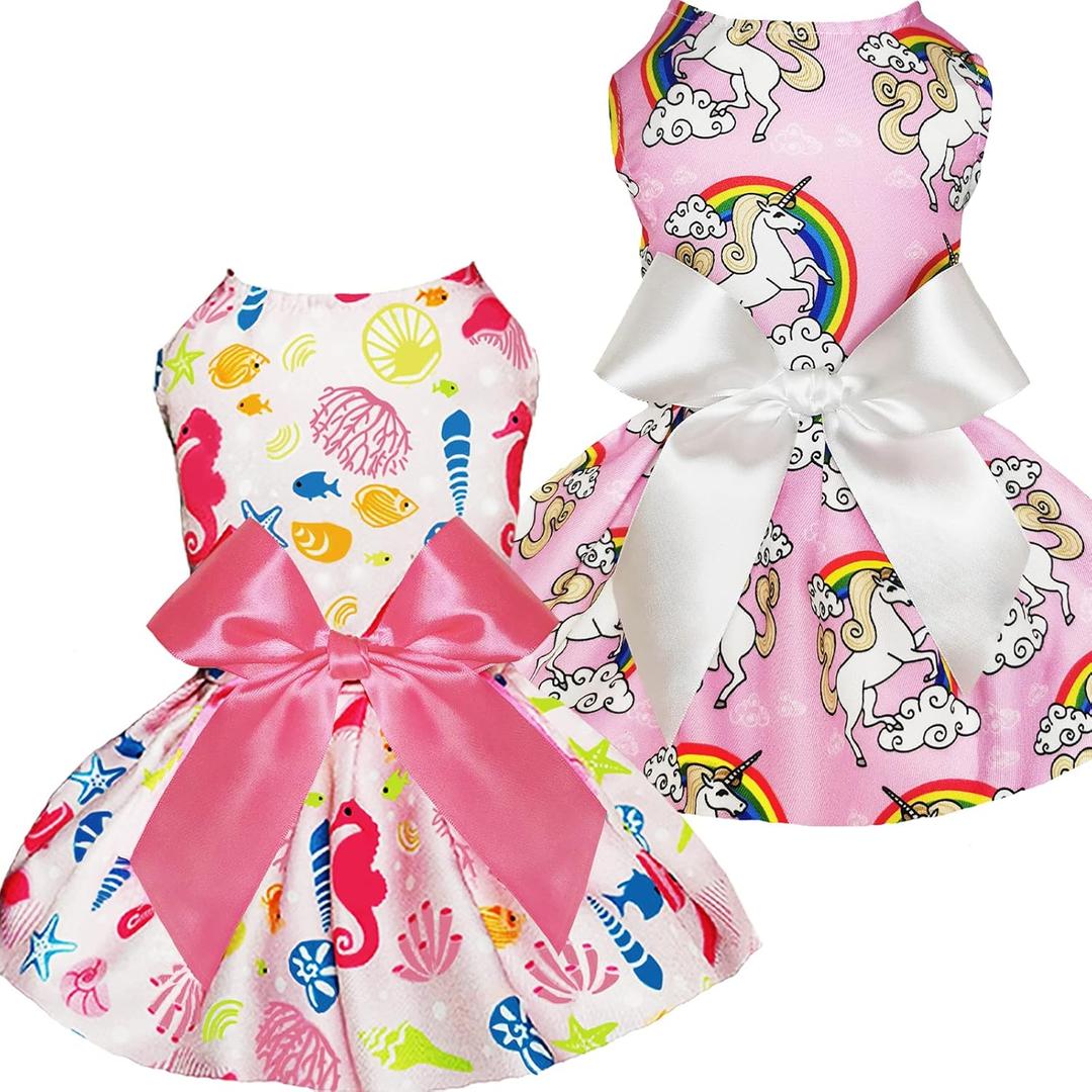 2 x XPUDAC 2 Pack Dog Dress Pet Skirt Doggie Apparel Puppy Bowtie Dresses for Small Dogs Girl and Cats (Unicorn and Sea Horse, Large(8-12lbs))