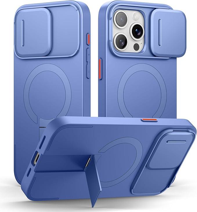 SURITCH for iPhone 15 Pro Max Case with Magnetic Camera Slide Cover and Adjustable Kickstand, Compatible with MagSafe, Shockproof Bumper Case Slim Protective Cover 6.7 Inch, Starlight Blue