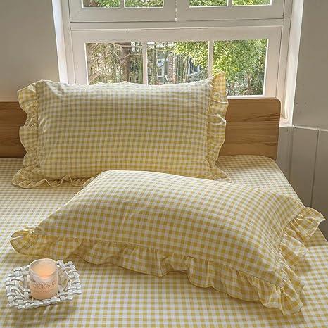 NSNLGSGC Yellow Ruffled Plaid Gingham Standard Size Pillow Shams 20"x26", Set of 2 Taupe Checked Pre-Washed Microfiber Farmhouse Pillowcases for Bed/Sofa (20"x26", Yellow Gingham), 4 Pcs
