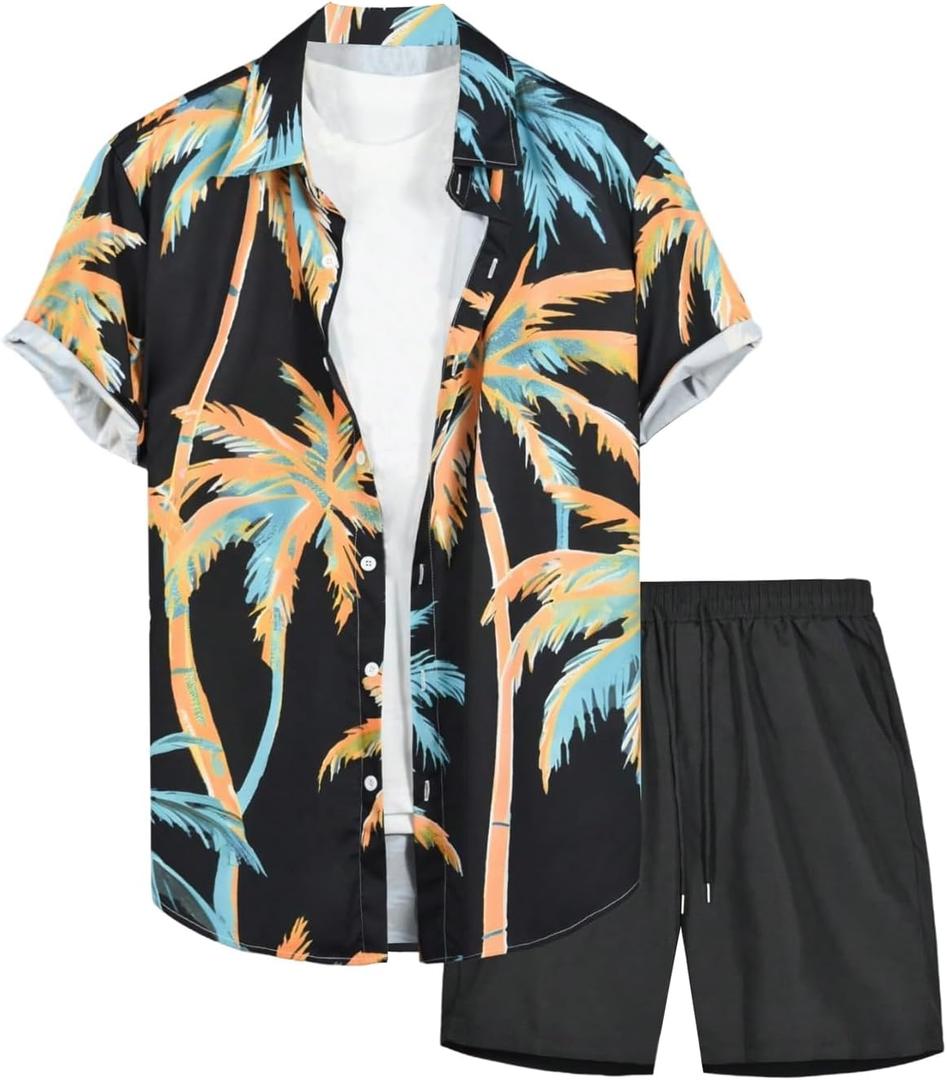 GORGLITTER Men's Patchwork Print Button Front Short Sleeve Collar Shirt and Drawstring Waist Shorts Set with Pocket (Black, L)