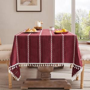 ZeeMart Hemstitched Embroidery Striped Boho Tablecloth 54x70 Inch Burgundy, Heavy Weight Farmhouse Burlap Linen Red Tablecloth, Wrinkle Resistant Washable Table Cloth for Rectangle Table