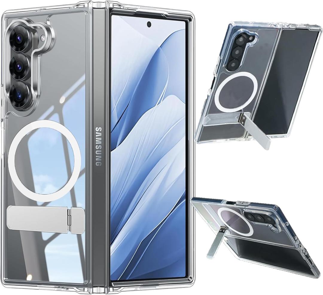 for Galaxy Z Fold 6 Magnetic Case Clear Compatible with MagSafe, Built-in 2-Way Kickstand [Horizontal & Vertical Stand] Magnetic Crystal Clear Slim Fit Rugged Cover (Upgraded Clear)