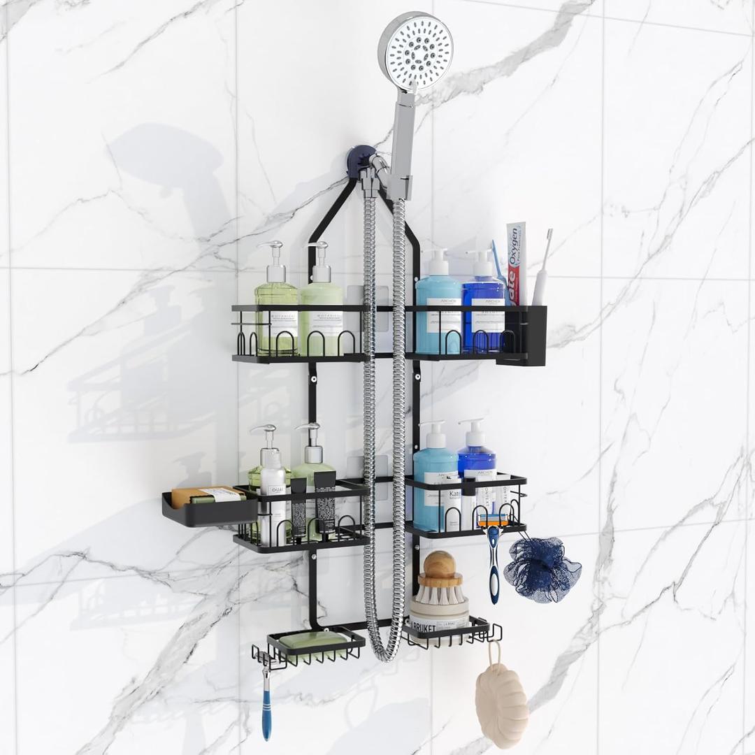 Shower Caddy Hanging Upgraded Adjustable Rustproof Shower Caddy Shower Organizer for Over Handheld or Fixed Shower Heads with Hooks Soap Holder Toothbrush Holder