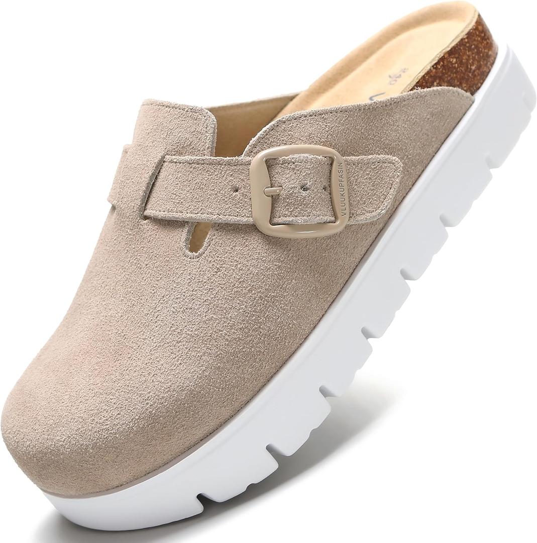 Genuine Suede Clogs for Women Platform ShoesLeather Comfort Potato Shoes Chunky with Arch Support, Casual Trendy Shoes Mules for Women (11, Sand)
