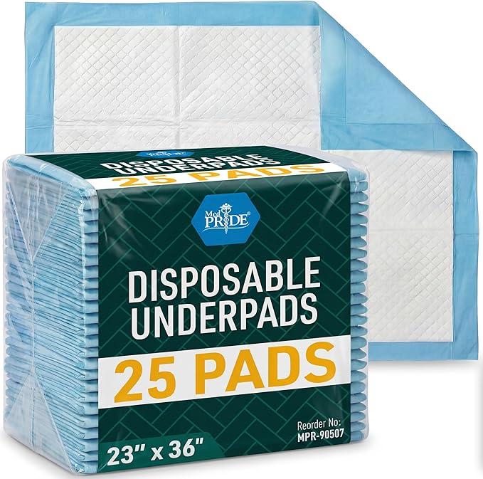 MED PRIDE Disposable Underpads 23'' X 36'' (25Count) Incontinence Pads, Chux, Bed Covers, Puppy Training | Thick, Super Absorbent Protection for Kids, Adults, Elderly | Liquid, Urine, Accidents