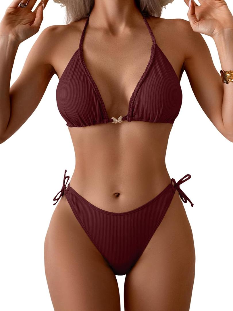 Eomenie Womens Ribbed Bikini Set Sexy Halter Triangle Top Swimsuit Tie Side Two Piece Bathing Suit Moderate Coverage (Medium, Wine Red Ribbed)