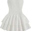 SOLY HUX Women's Ruffle Tube Mini Dress Shirred Strapless Sleeveless Eyelet Embroidery Layered A Line Summer Dresses, Small