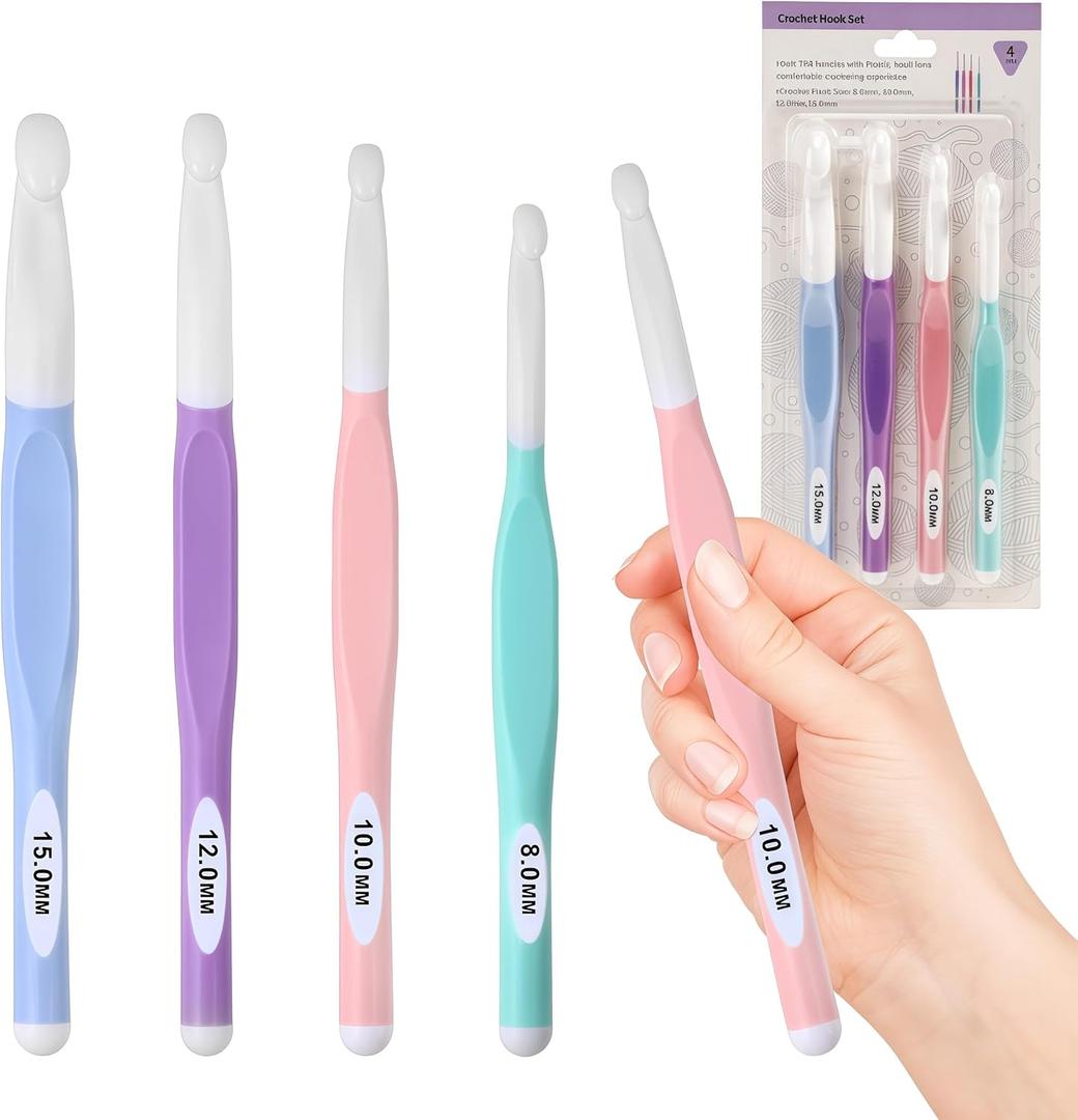 Large Sizes Crochet Hooks 8mm, 10mm, 12mm, 15mm Rubber Handle Crochet Hook 4PCS- Ergonomic Handle Crochet Hooks Weaving Tools for Knitting Blankets, Shawl and Carpet