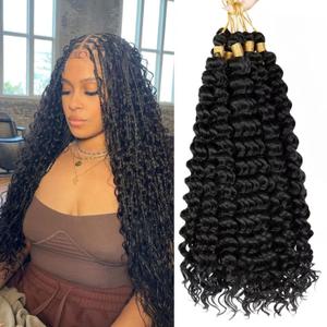 Deep Wave Crochet Hair 24 Inch 6 packs Long Curly Braiding Hair Extensions Ocean Wave Crochet Hair For Black Women Synthetic Ocean Hair Curly For Boho Box Braids (#1B, 24inch,6pack)