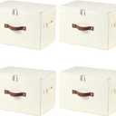 4 Pack Storage Bins with Zipper Lid Cotton Linen Fabric Lidded Storage Baskets Boxes Foldable Washable Closet Shelf Clothes Organizer Container with PU Leather Handles (Beige, Large)