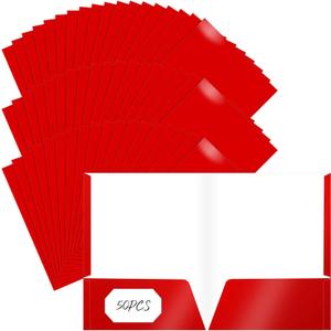 Jutom 50 Pcs 2 Pocket Glossy Paper Folders Glossy Paper Laminated Portfolios, Letter Size, Presentation Folders with Pockets for Office Teacher Worker Supplies(Red Color)
