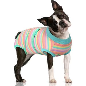 FUAMEY Recovery Suit for Dogs After Surgery,Soft Breathable Dog Bodysuit E-Collar & Cone Alternative Surgical Suit,Male Female Dog Neuter Spay Suits Anti Licking Wounds Onesie Mint Green Stripes L (L(Back:16.1-20.1in,WT:23-48lbs))