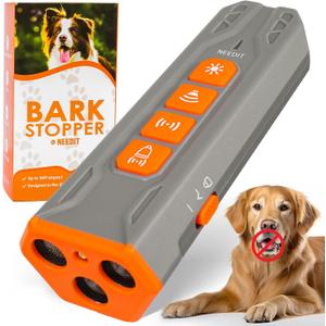 NEEDIT Dog Bark Deterrent Device to Stop Own or Neighbors Dog Barking, Biting & Fighting with Long Range  Rechargeable Ultrasonic Portable Anti Barking Device with 3X Sonic Emitters & Light (Gray)