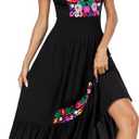 Women's Summer Maxi Dress Casual Floral Embroidered Round Neck Ruffle Short Sleeve Tiered Dress Flowy Boho Beach Sundress Black (Size M, Black)