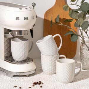 Ceramic Coffee Mugs Set of 4, 12oz Embossed Cups with Elegant Patterns  A Thoughtful Gift for Women, Mom, or Friends,Perfect for Tea, Latte, Cocoa (Arctic White, 12 OZ)