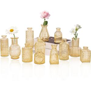 Set of 12 Glass Bud Vase Set, Small Vintage Clear Flower Vase Centerpieces for Table Bulk Cute Rustic Style Mini Vase for Home Decor Wedding Baby Shower Birthday Party(Champagne)